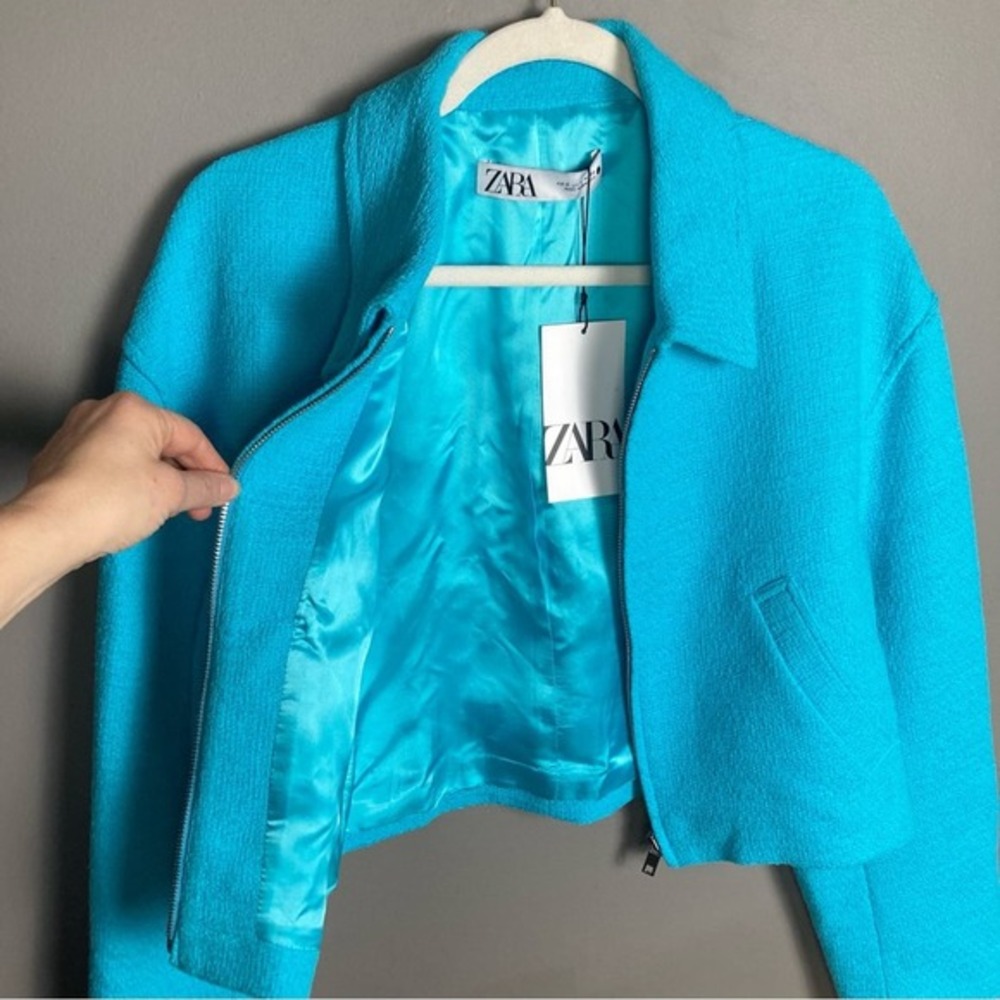Zara jacket women's small bomber blazer turquoise blue‎ tweed textured NWT - Picture 9 of 14